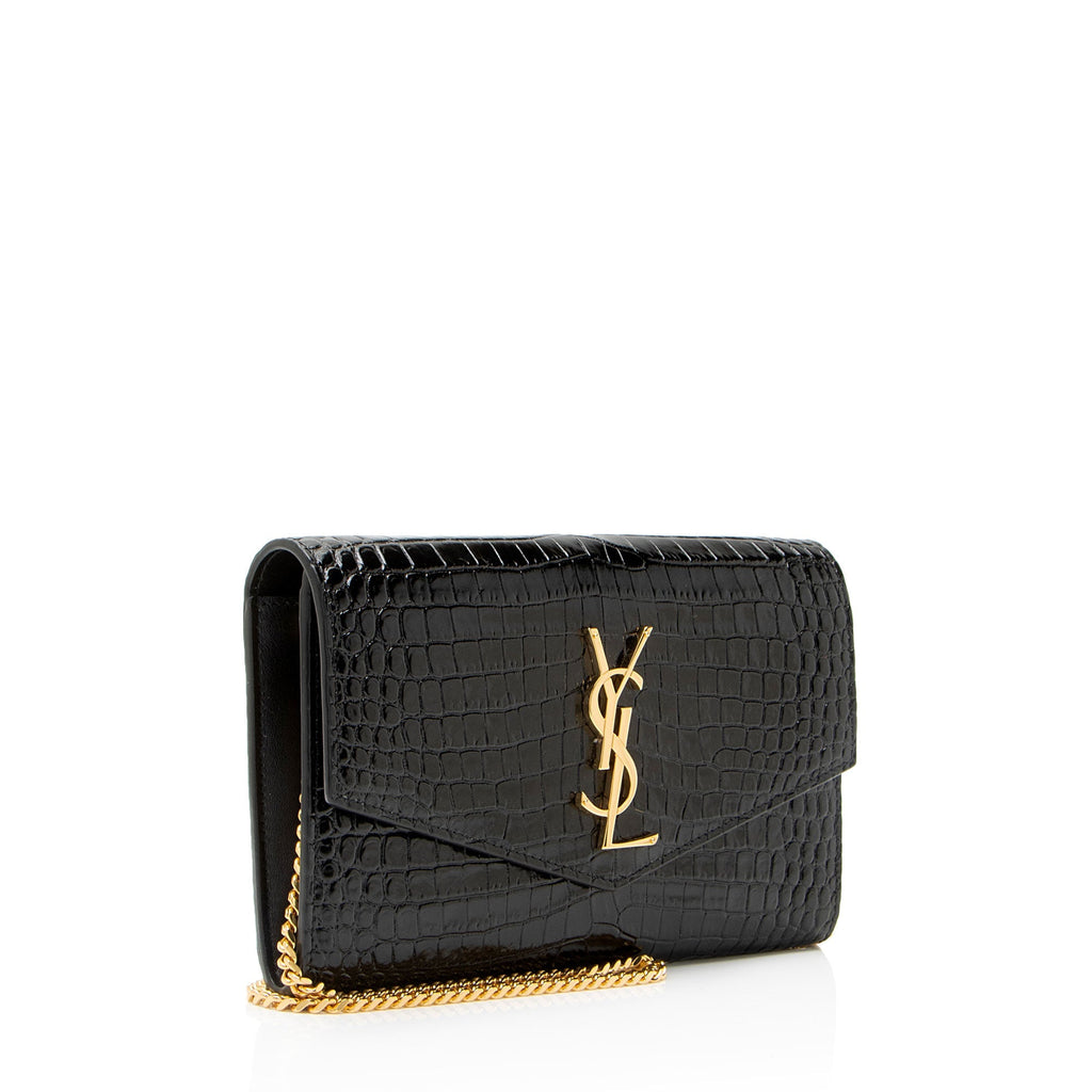 Saint Laurent Croc Embossed Leather Monogram Uptown Chain Wallet