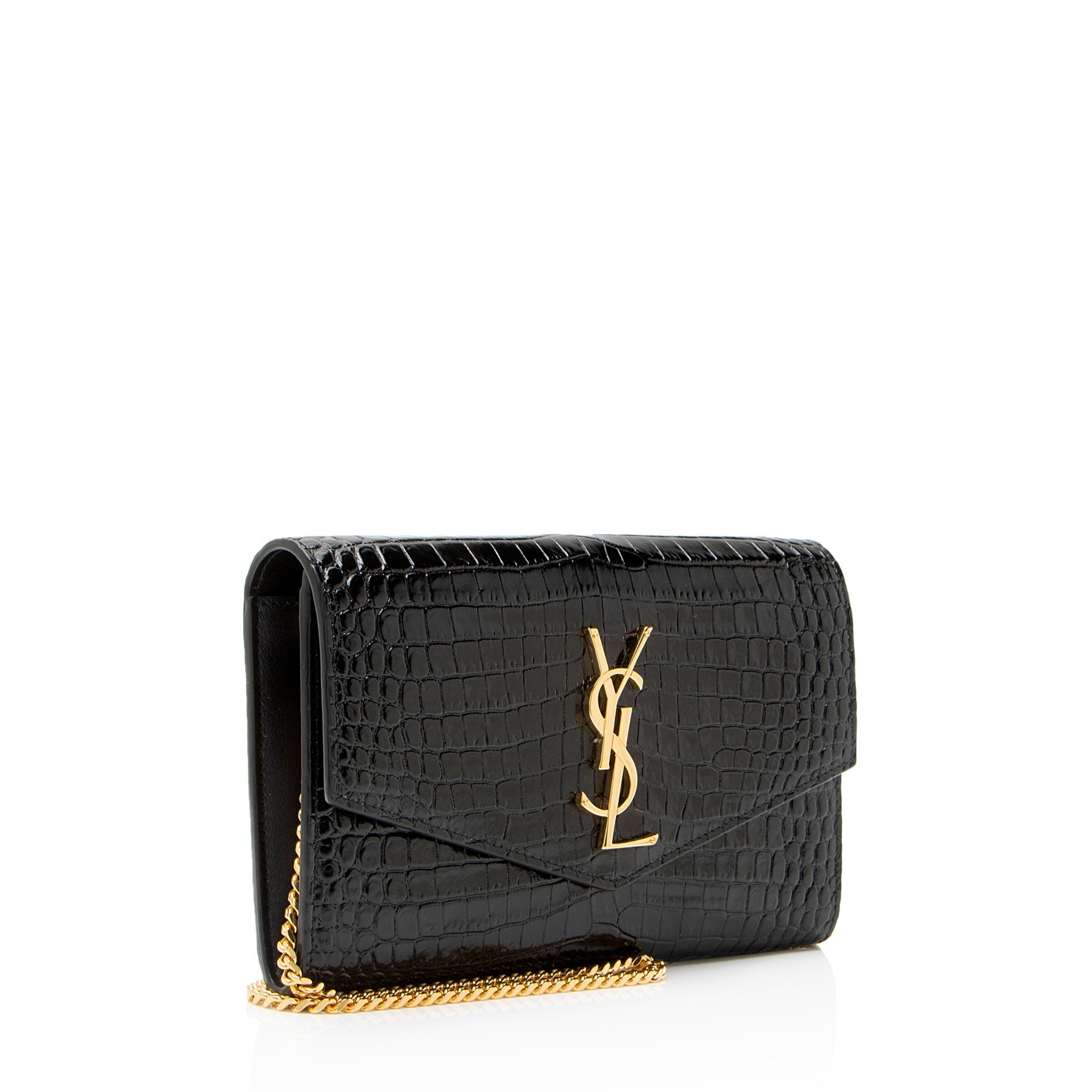 Saint Laurent Croc Embossed Leather Monogram Uptown Chain Wallet