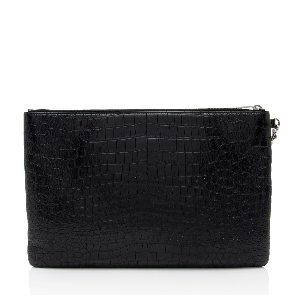 Saint Laurent Croc Embossed Leather Monogram Wristlet (SHF-y9FaYl)