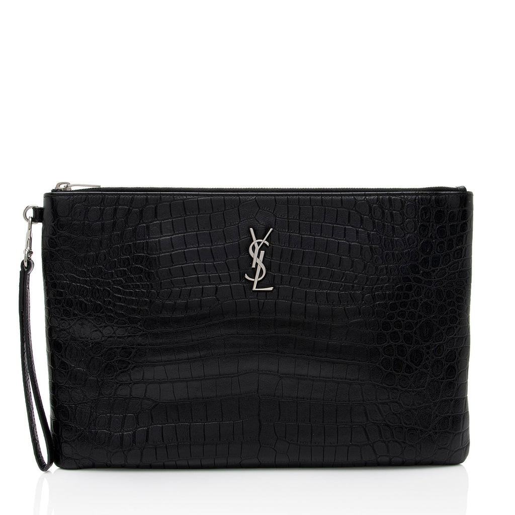 Saint Laurent Croc Embossed Leather Monogram Wristlet (SHF-y9FaYl)