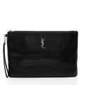 Saint Laurent Croc Embossed Leather Monogram Wristlet (SHF-y9FaYl)