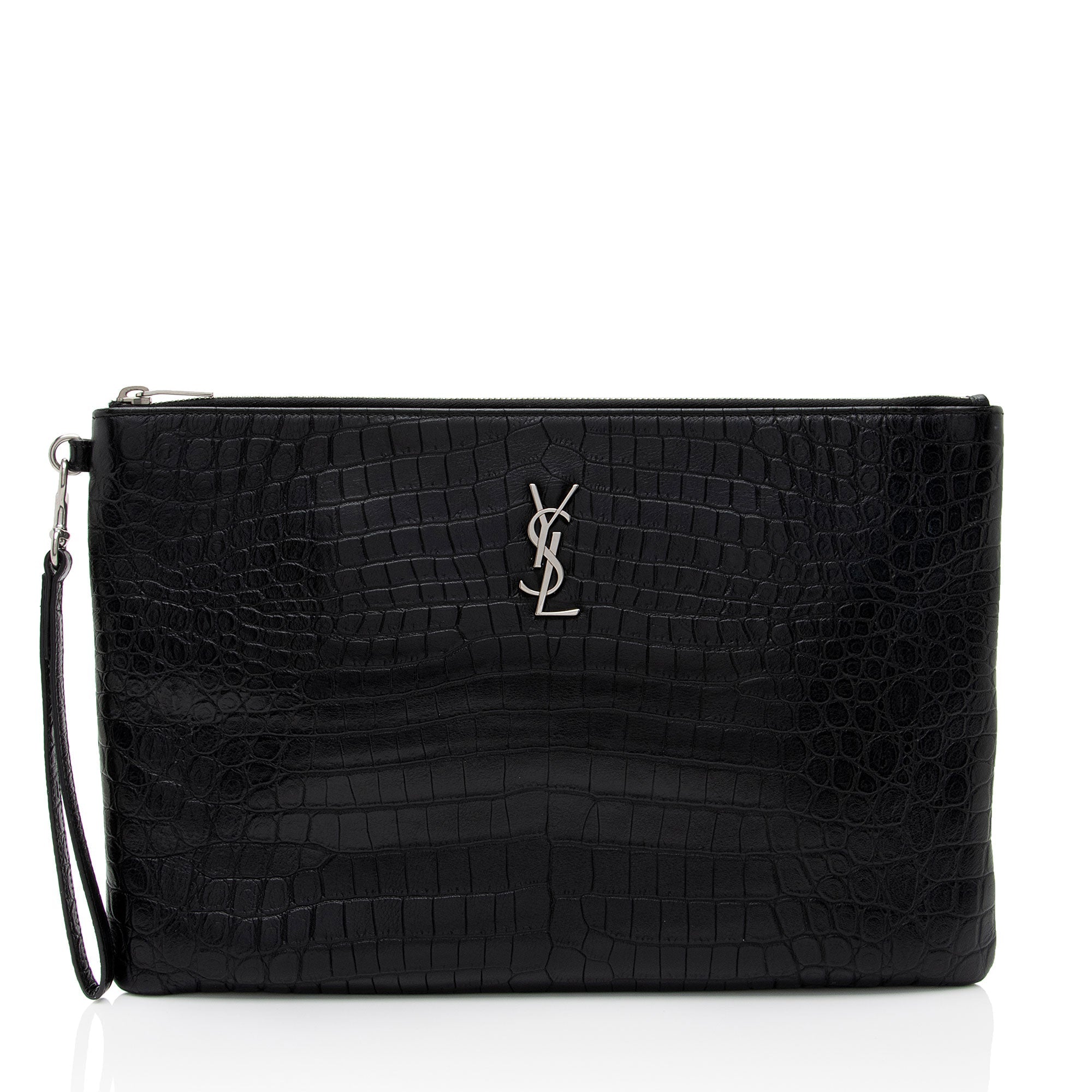 Saint Laurent Croc Embossed Leather Monogram Wristlet (SHF-y9FaYl)