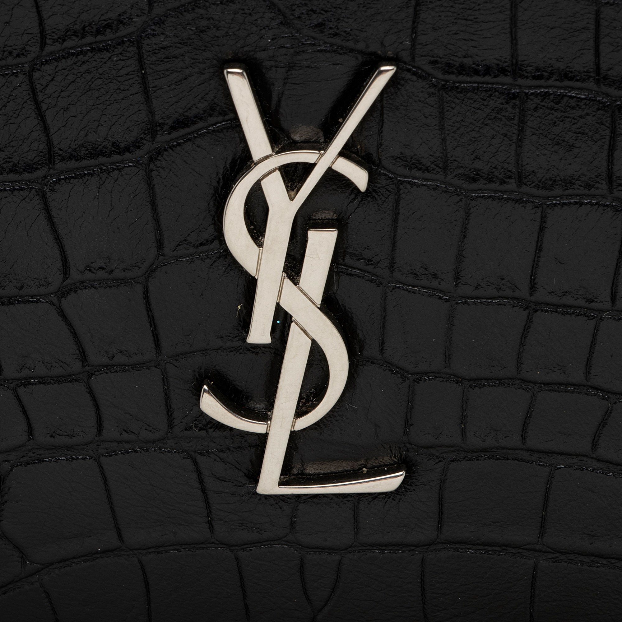 Saint Laurent Croc Embossed Leather Monogram Wristlet (SHF-y9FaYl)