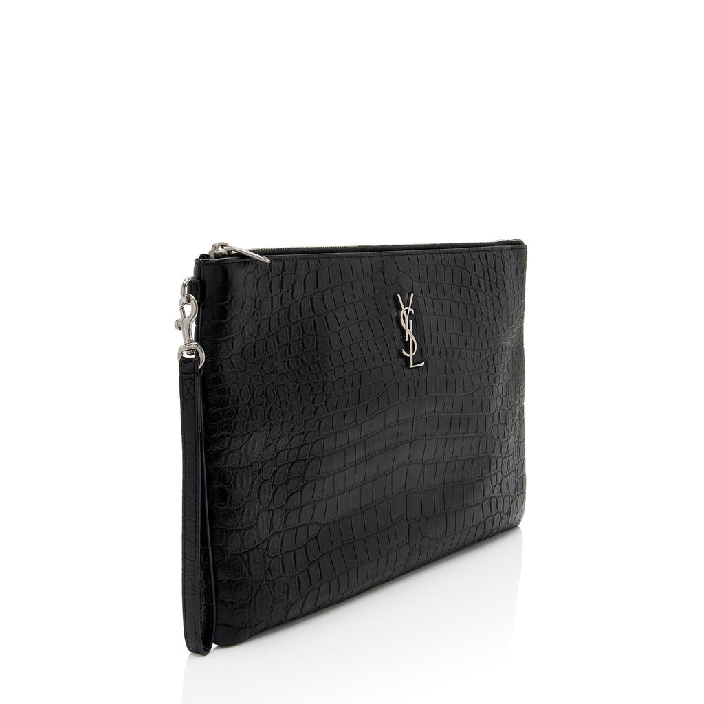 Saint Laurent Croc Embossed Leather Monogram Wristlet (SHF-y9FaYl)
