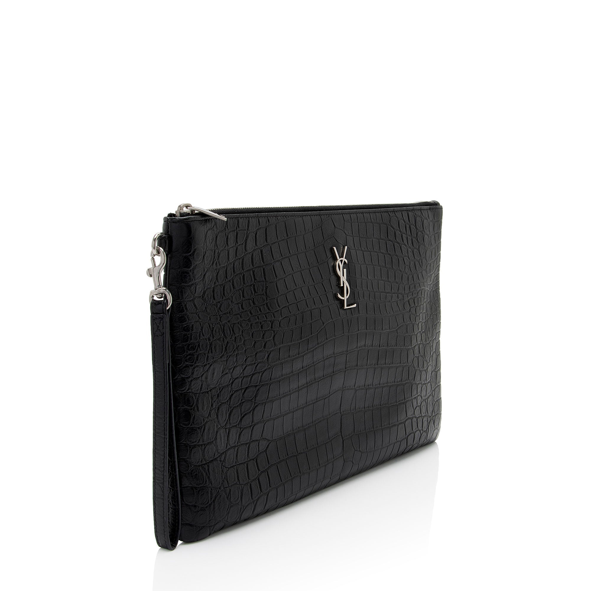 Saint Laurent Croc Embossed Leather Monogram Wristlet (SHF-y9FaYl)