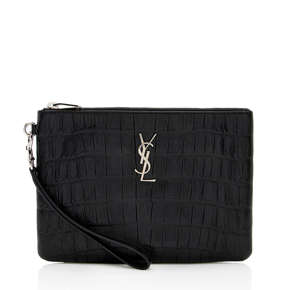 Saint Laurent Croc Embossed Monogram Zip Pouch Wristlet (SHF-19209)