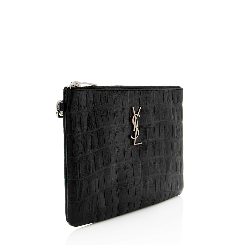 Saint Laurent Croc Embossed Monogram Zip Pouch Wristlet (SHF-19209)