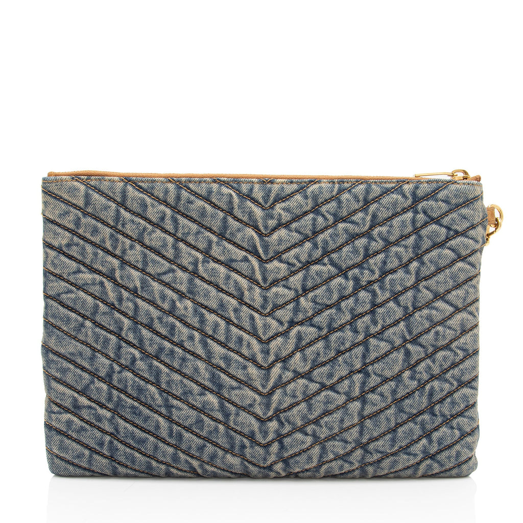 Saint Laurent Denim Matelasse Chevron Monogram A5 Wristlet (SHF-2A8wVv)