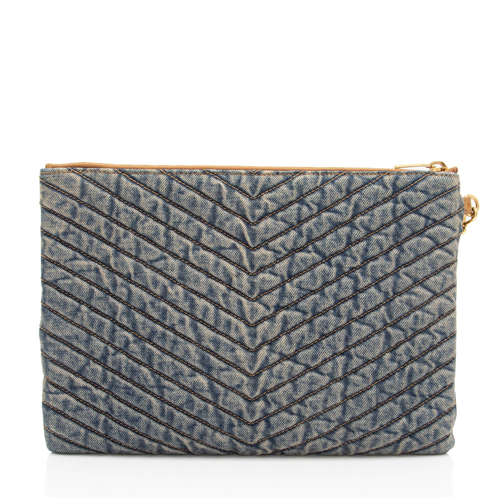 Saint Laurent Denim Matelasse Chevron Monogram A5 Wristlet (SHF-2A8wVv)