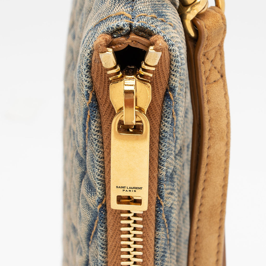 Saint Laurent Denim Matelasse Chevron Monogram A5 Wristlet (SHF-2A8wVv)