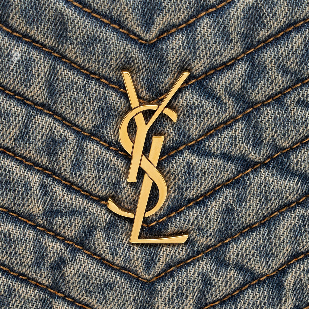 Saint Laurent Denim Matelasse Chevron Monogram A5 Wristlet (SHF-2A8wVv)