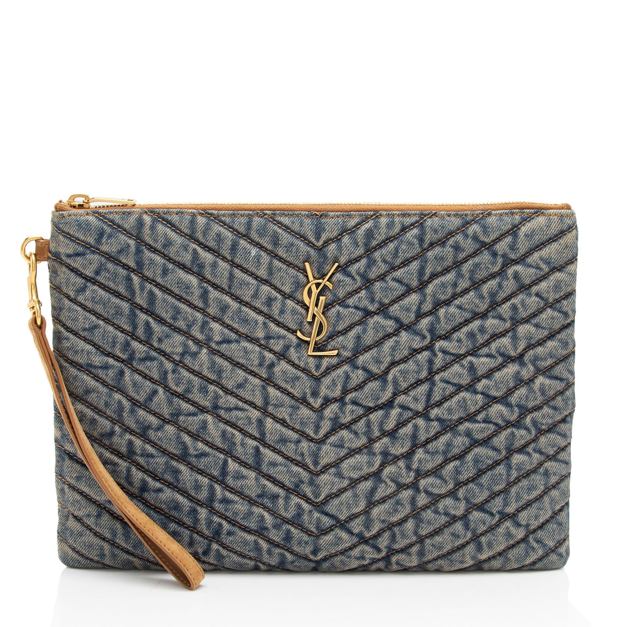 Saint Laurent Denim Matelasse Chevron Monogram A5 Wristlet (SHF-2A8wVv)