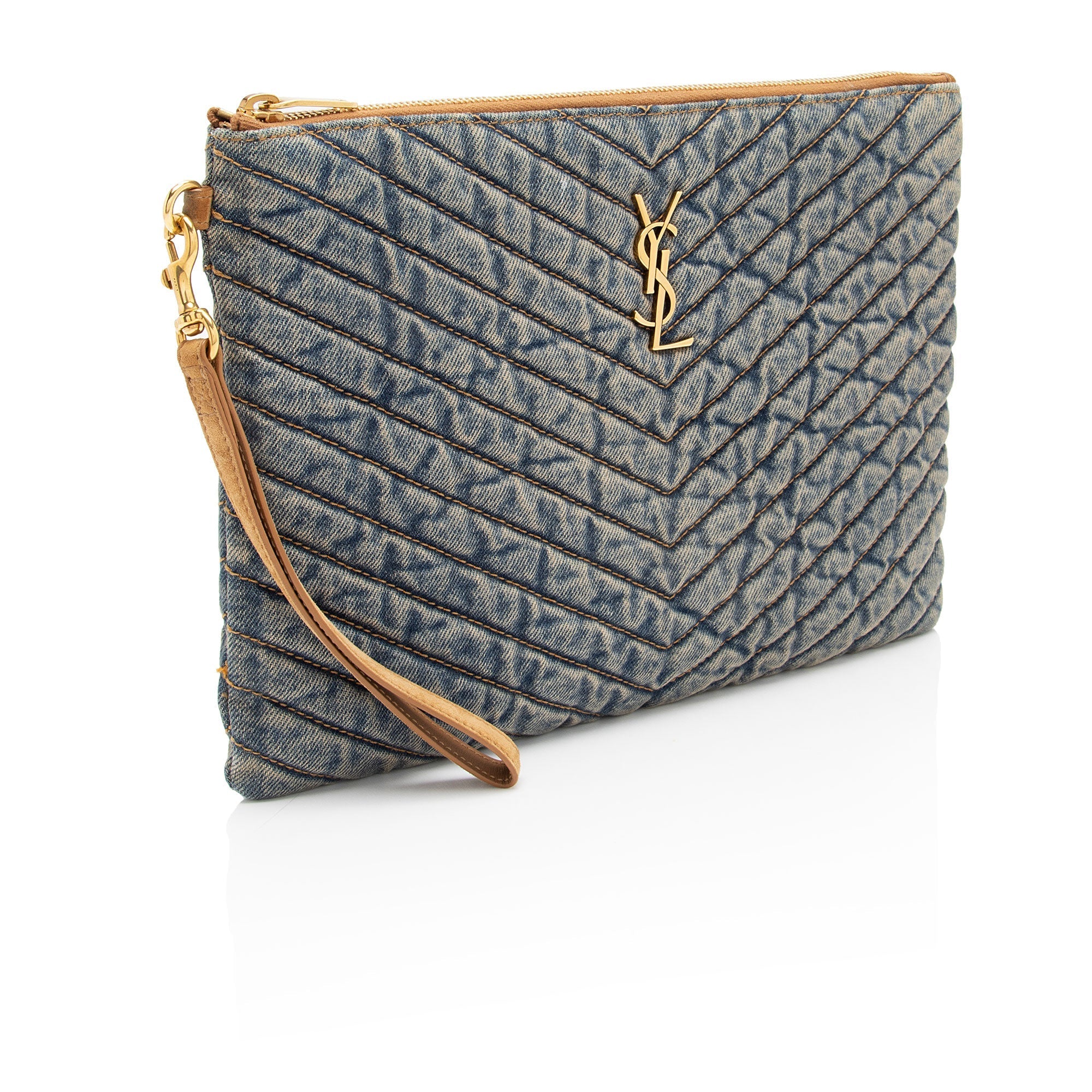 Saint Laurent Denim Matelasse Chevron Monogram A5 Wristlet (SHF-2A8wVv)
