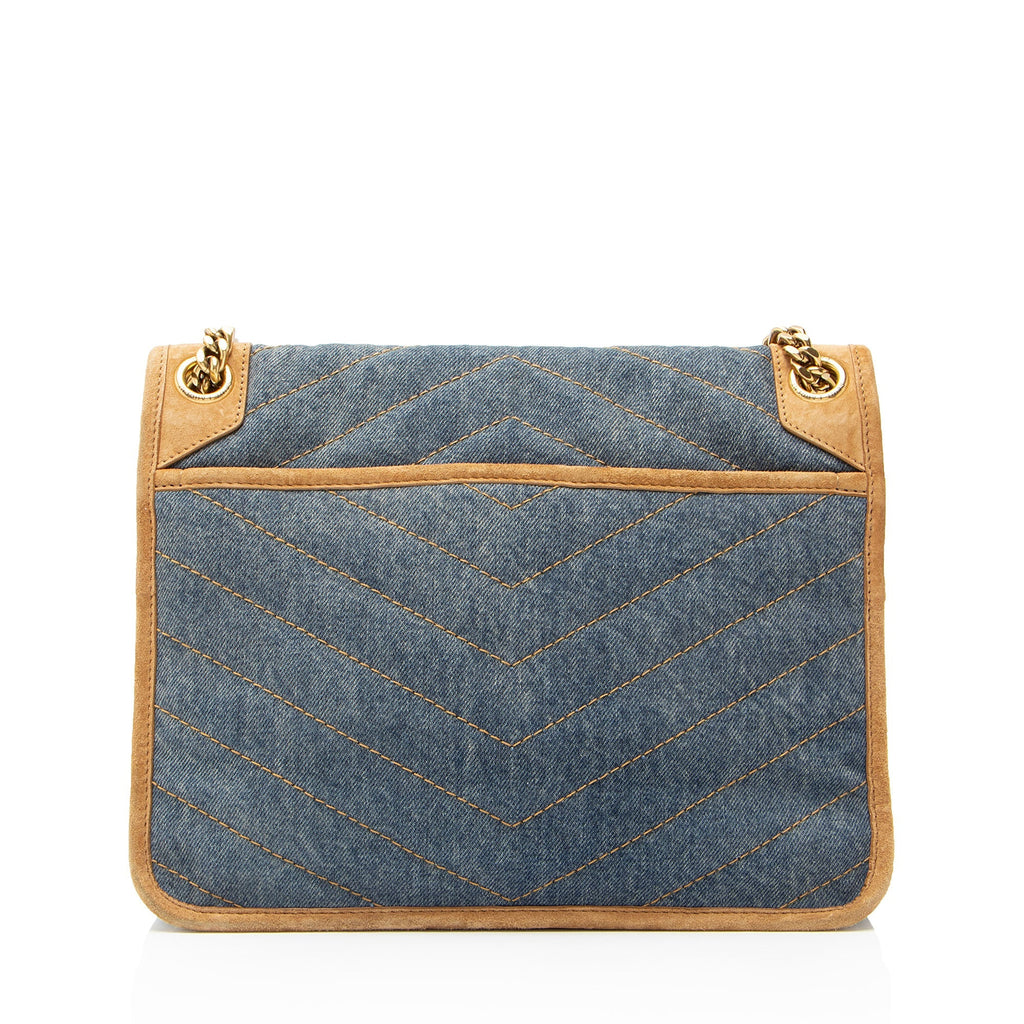 Saint Laurent Denim Suede Monogram Niki Medium Shoulder Bag