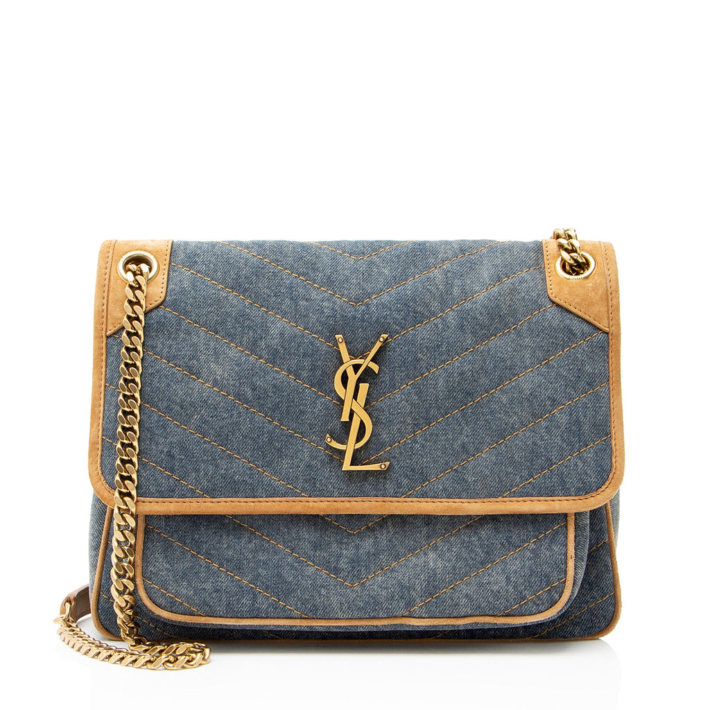 Saint Laurent Denim Suede Monogram Niki Medium Shoulder Bag