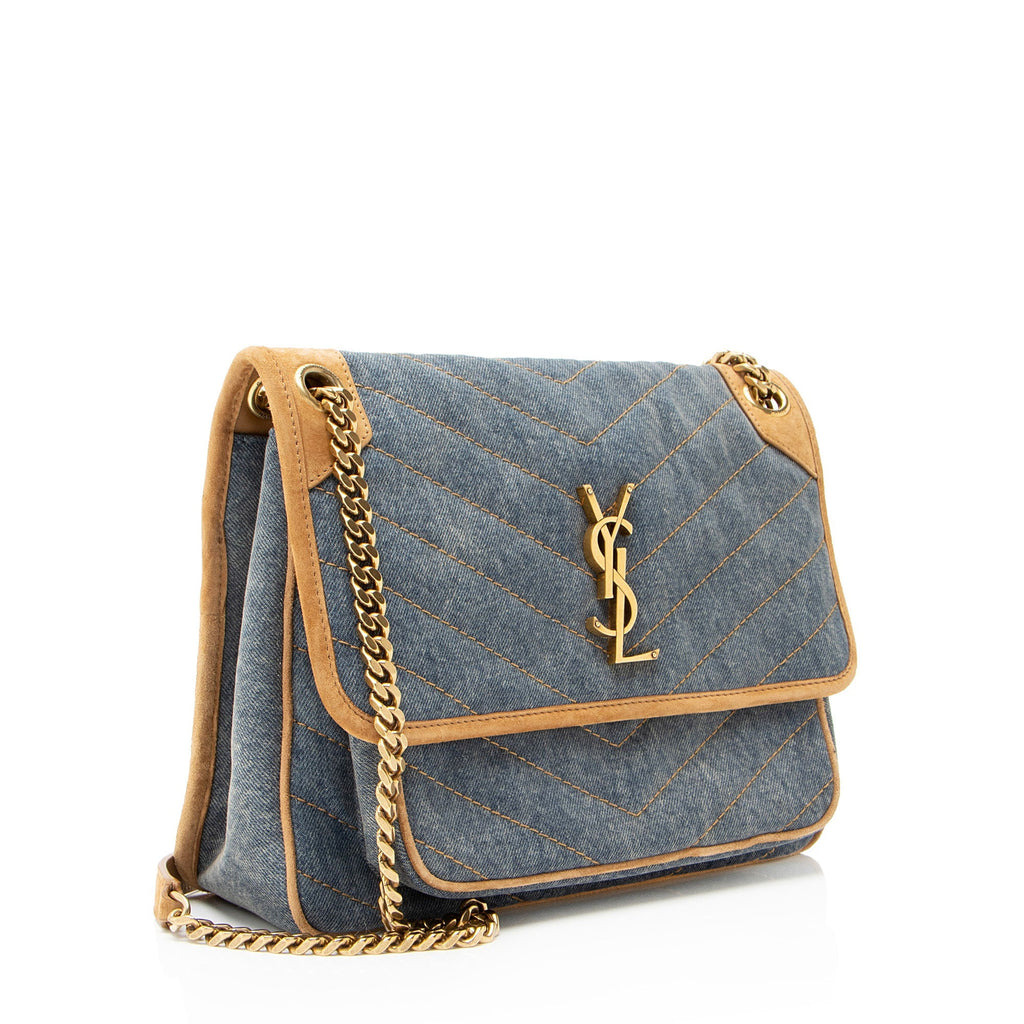 Saint Laurent Denim Suede Monogram Niki Medium Shoulder Bag