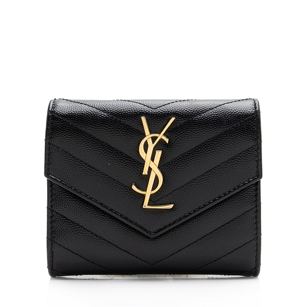 Saint Laurent Grain de Poudre Monogram Compact Tri-Fold Wallet (SHF-23573)