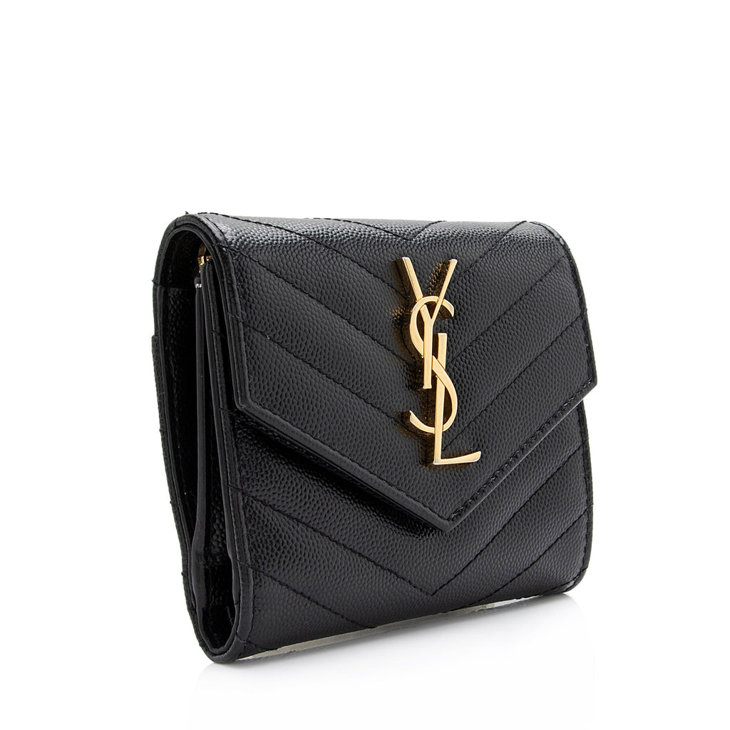 Saint Laurent Grain de Poudre Monogram Compact Tri-Fold Wallet (SHF-23573)