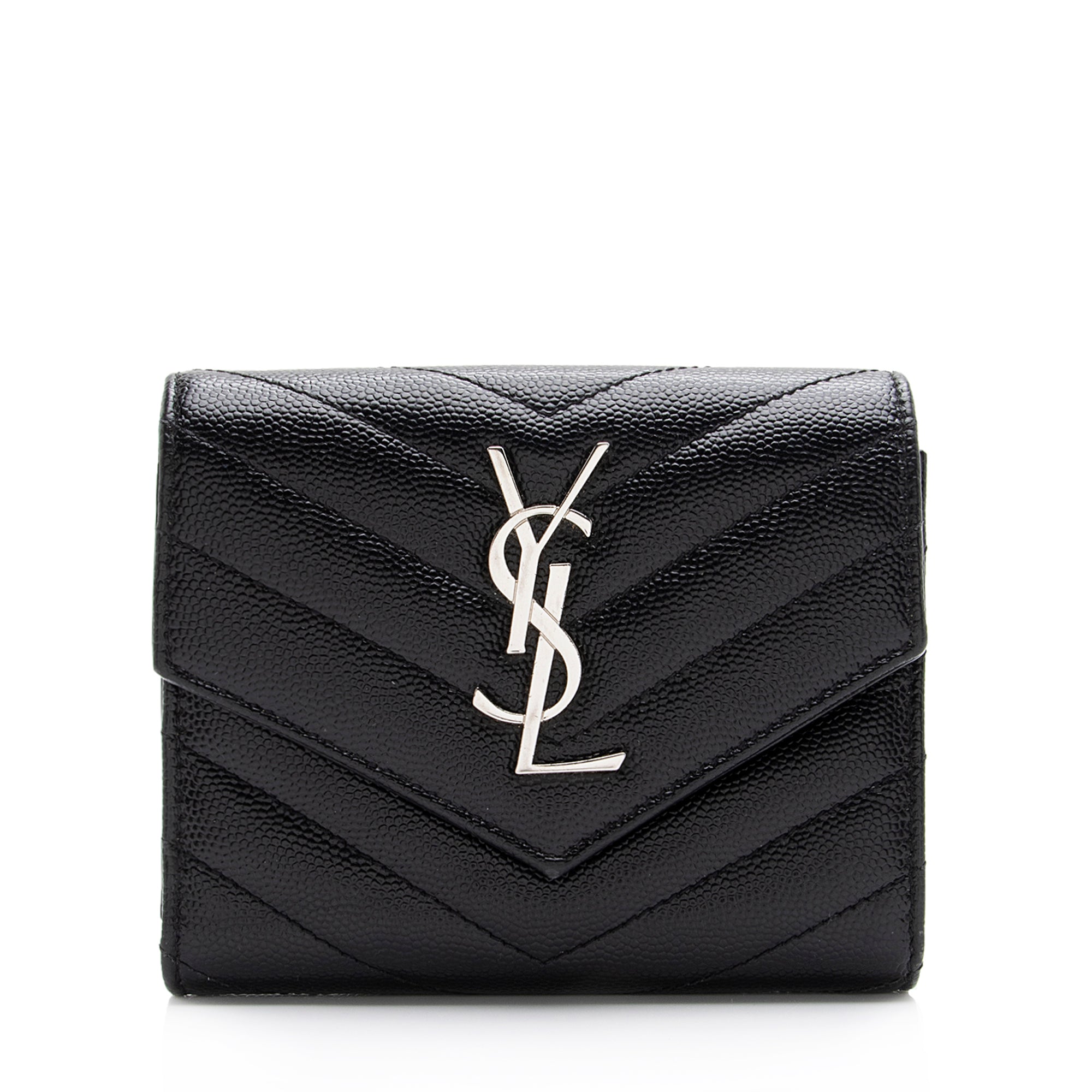 Saint Laurent Grain de Poudre Monogram Compact Tri-Fold Wallet (SHF-23574)