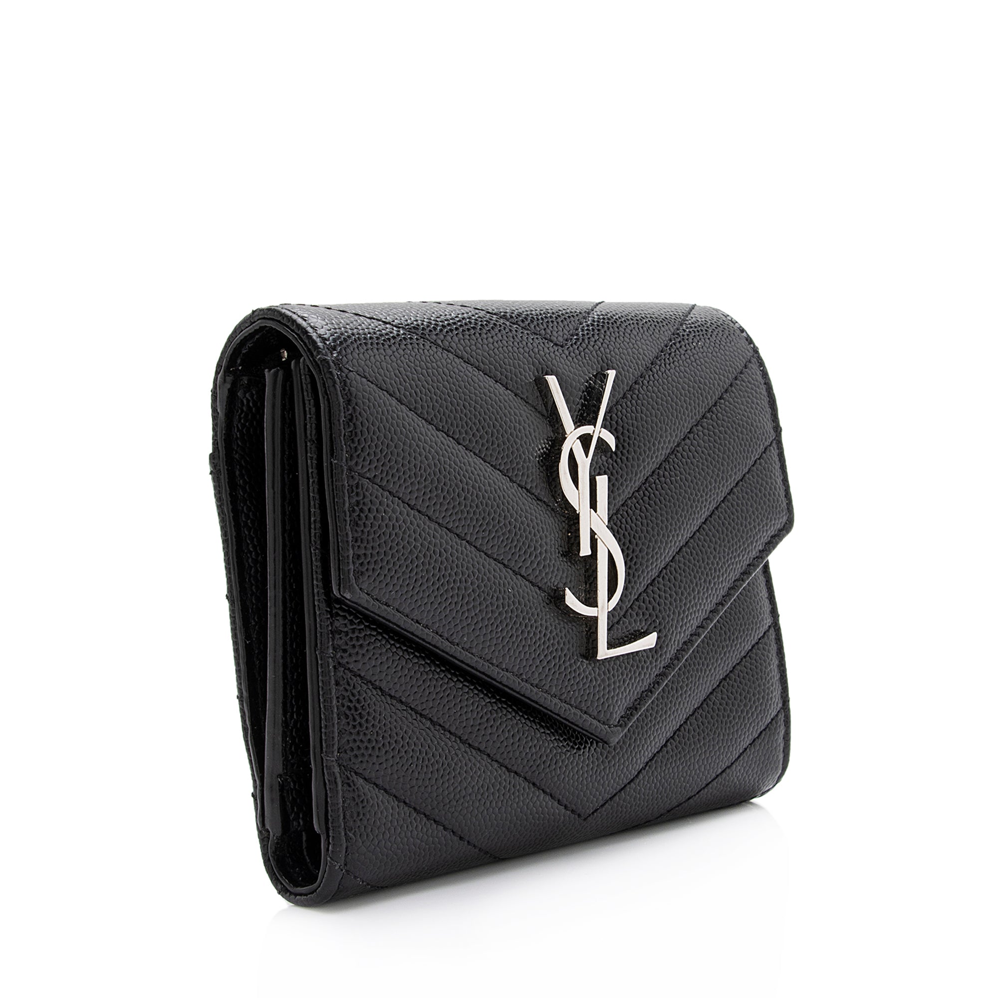 Saint Laurent Grain de Poudre Monogram Compact Tri-Fold Wallet (SHF-23574)