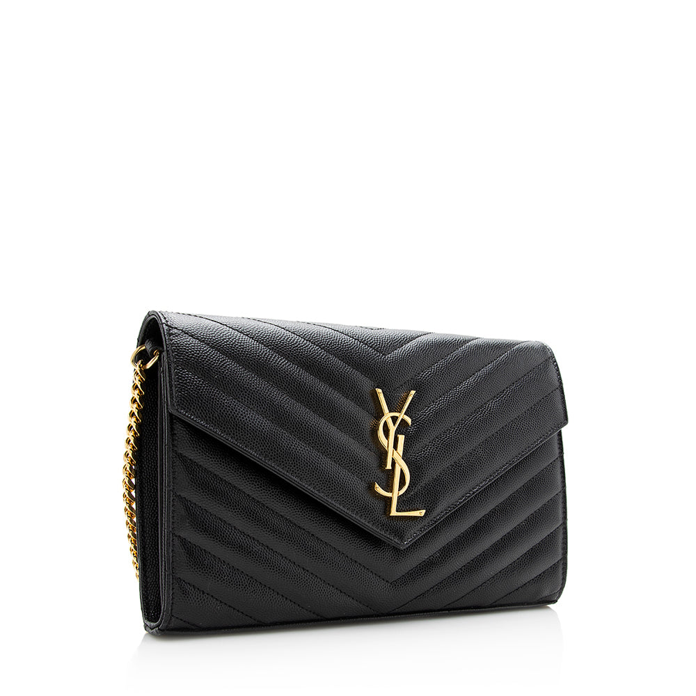 Saint Laurent Matelasse Grain de Poudre Monogram Chain Wallet (SHF-20294)