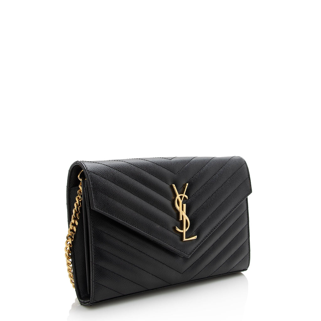Saint Laurent Matelasse Grain de Poudre Monogram Chain Wallet (SHF-22718)