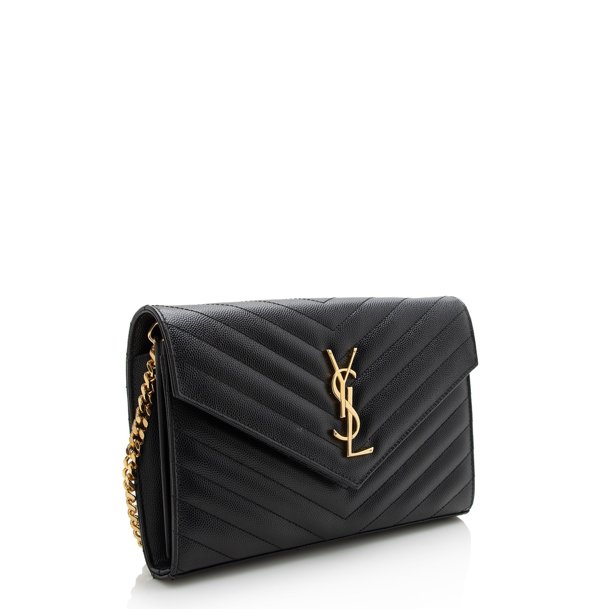 Saint Laurent Matelasse Grain de Poudre Monogram Chain Wallet (SHF-22718)