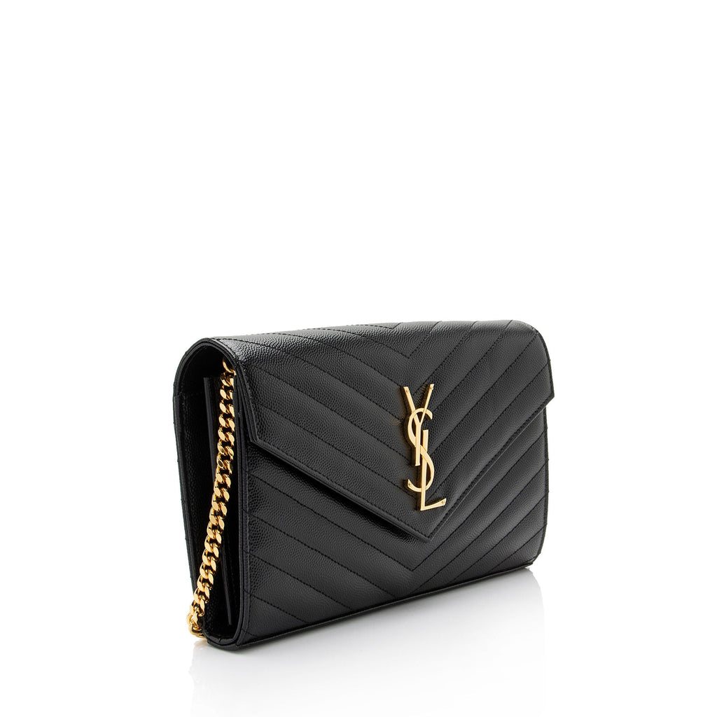 Saint Laurent Matelasse Grain de Poudre Monogram Chain Wallet (SHF-uoMWdL)