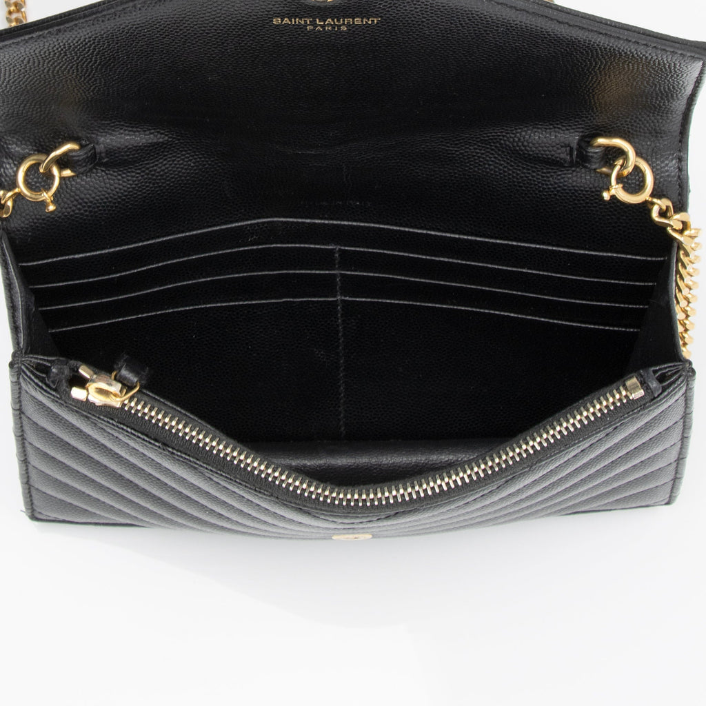 Saint Laurent Matelasse Grain de Poudre Monogram Envelope Chain Wallet (SHF-23410)