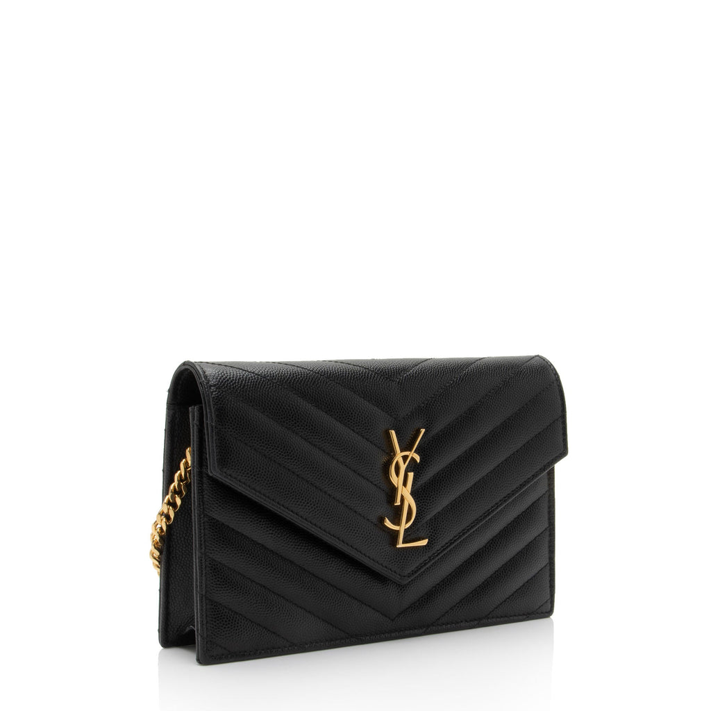 Saint Laurent Matelasse Grain de Poudre Monogram Envelope Chain Wallet (SHF-95fSun)