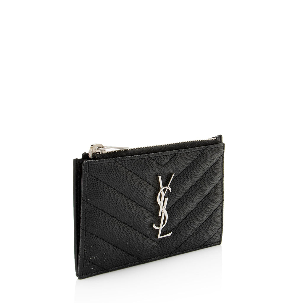 Saint Laurent Matelasse Grain de Poudre Monogram Fragments Zipper Card Case (SHF-664zHh)