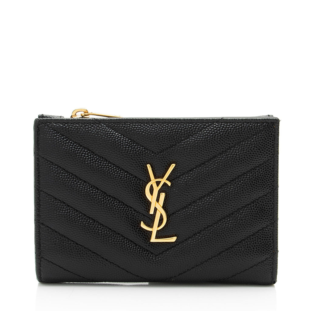 Saint Laurent Matelasse Grain de Poudre Monogram Zipper Card Case (SHF-GrLbE3)