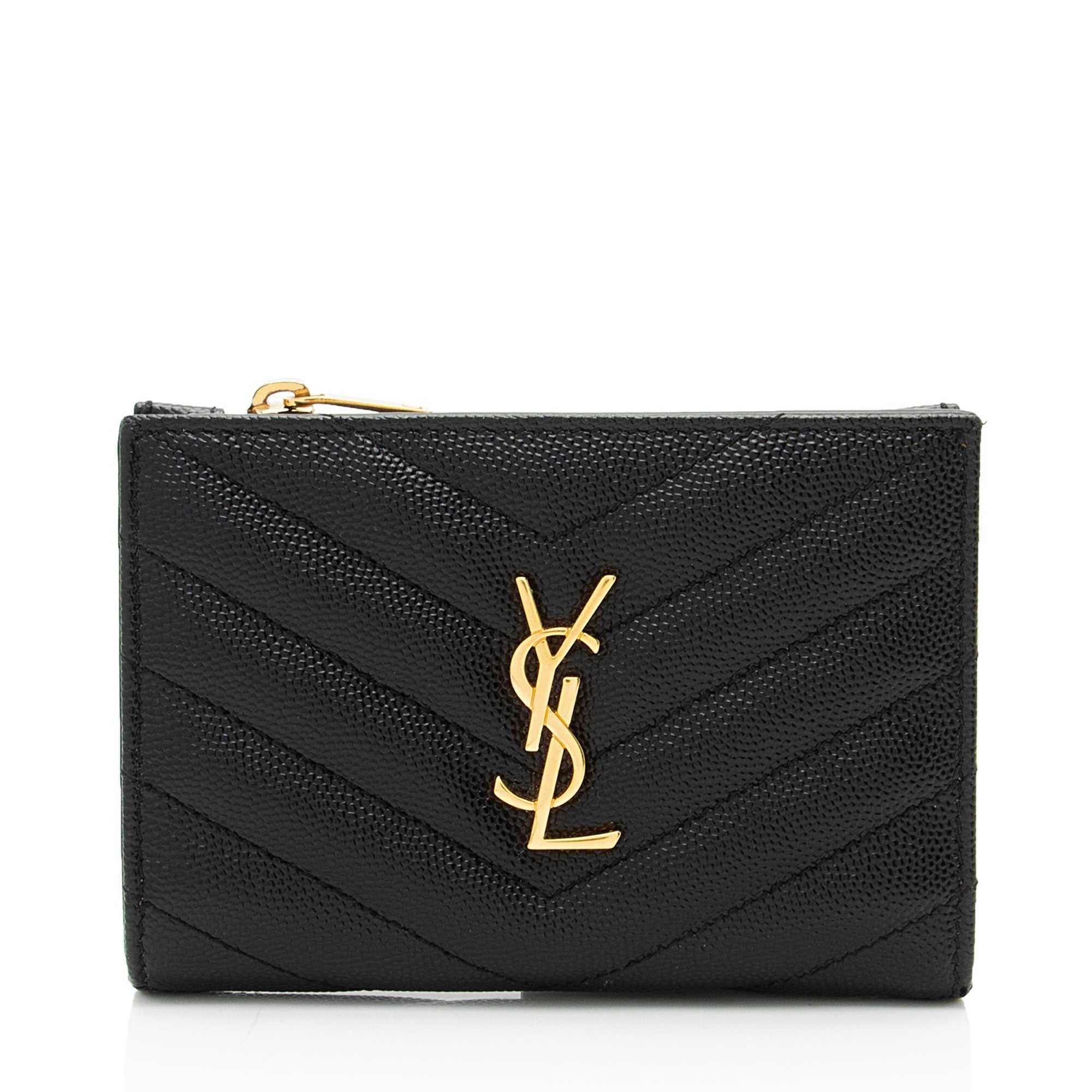 Saint Laurent Matelasse Grain de Poudre Monogram Zipper Card Case (SHF-GrLbE3)