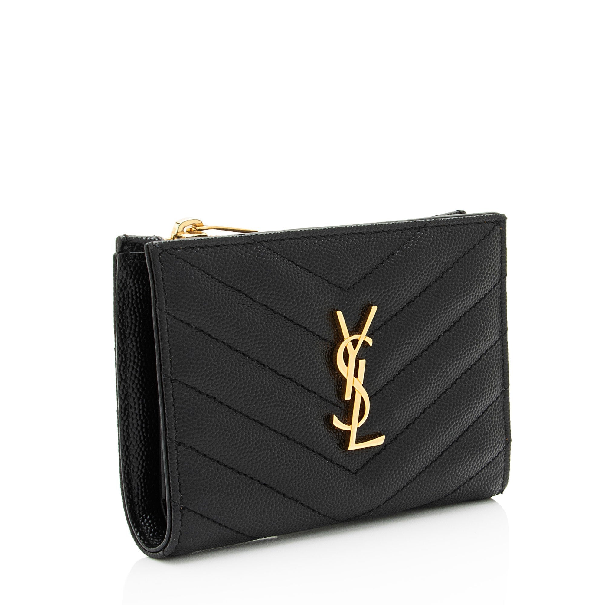 Saint Laurent Matelasse Grain de Poudre Monogram Zipper Card Case (SHF-GrLbE3)