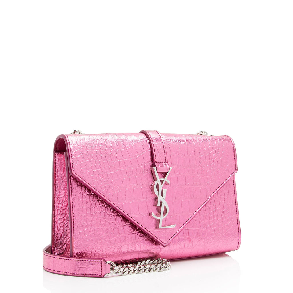 Saint Laurent Metallic Croc Embossed Leather Monogram Small Envelope Bag