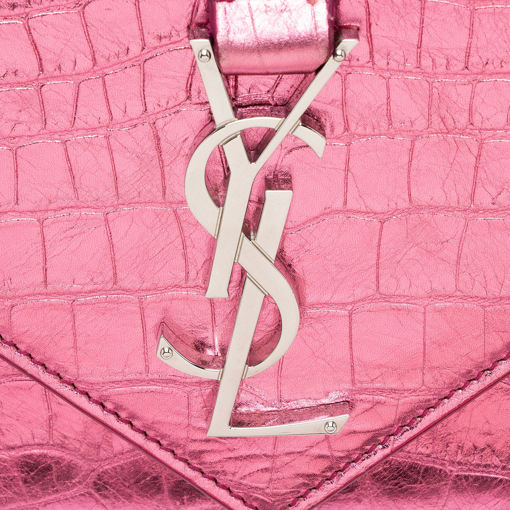 Saint Laurent Metallic Croc Embossed Leather Monogram Small Envelope Bag (SHF-v3reig)