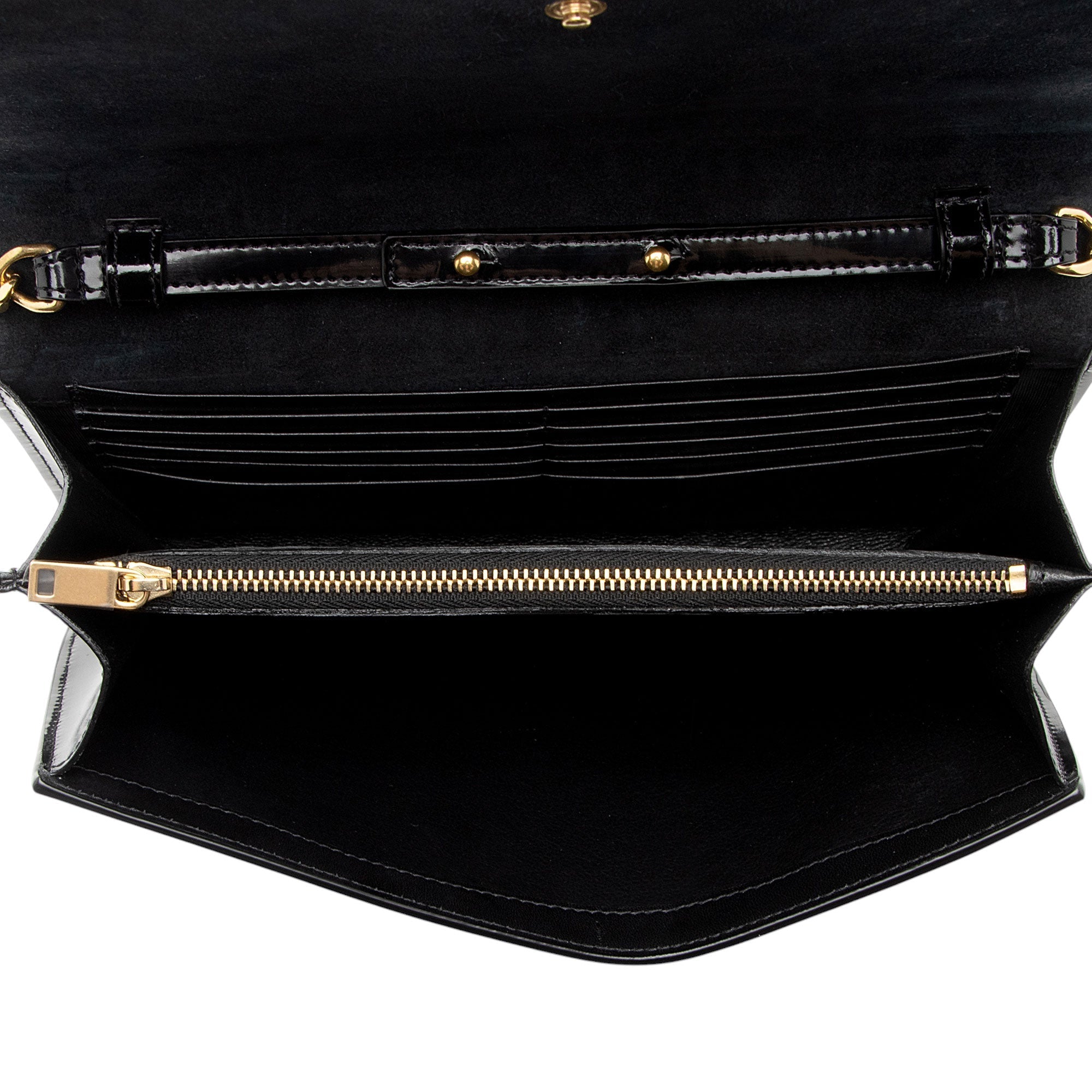 Saint Laurent Patent Leather Monogram Kate Wallet on Chain (SHF-T42QXZ)