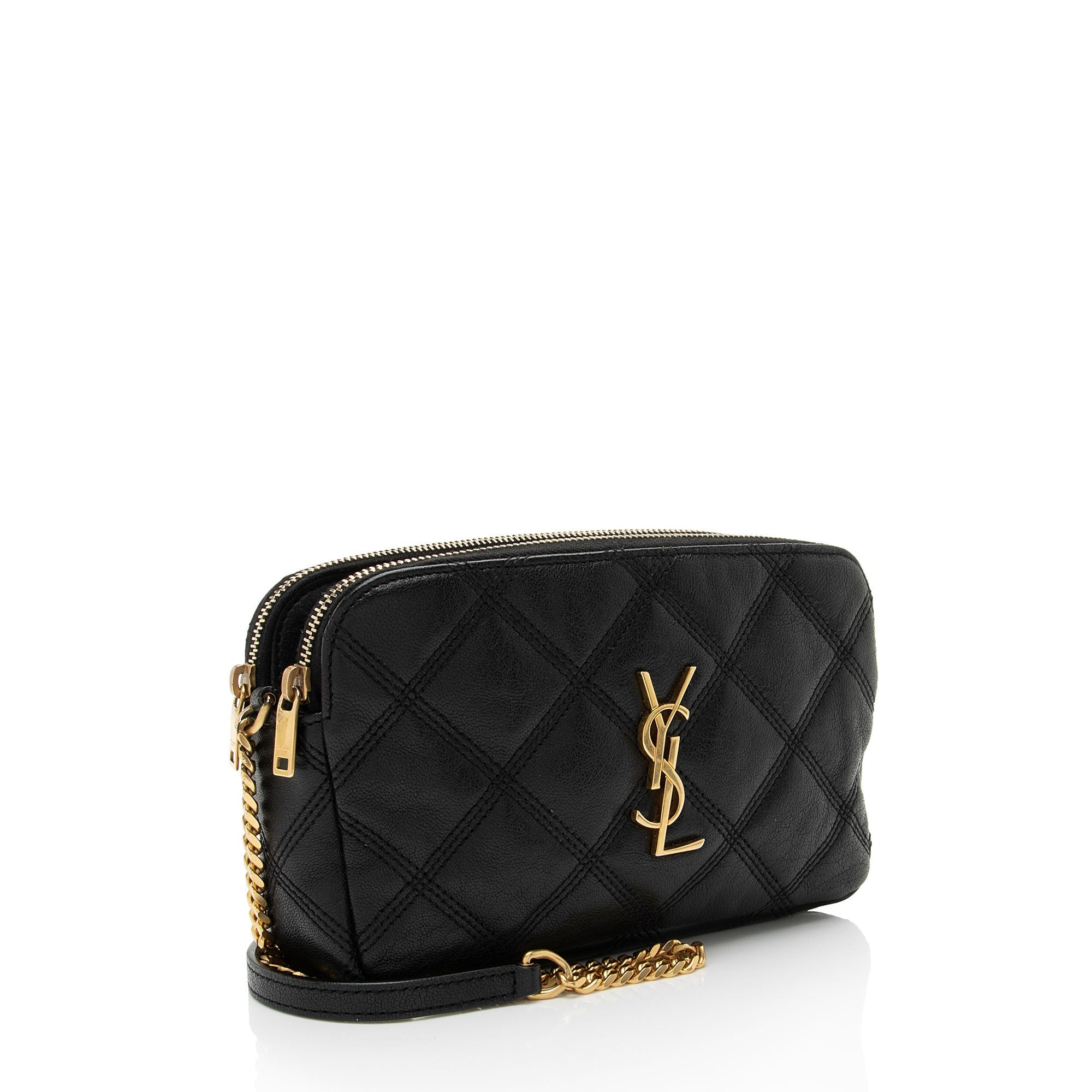 Saint Laurent Quilted Leather Monogram Becky Mini Double Zip Pouch