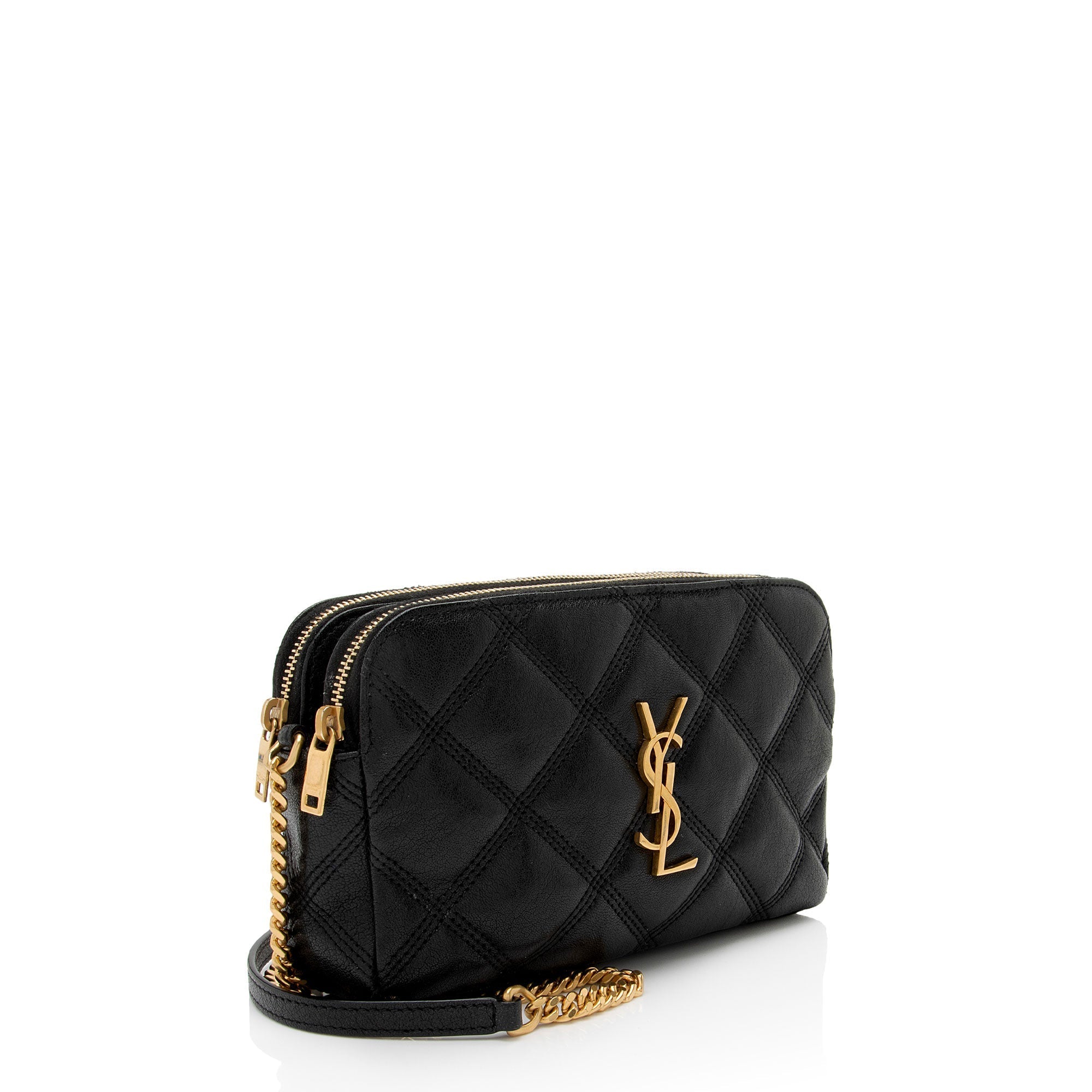 Saint Laurent Quilted Leather Monogram Becky Mini Double Zip Pouch
