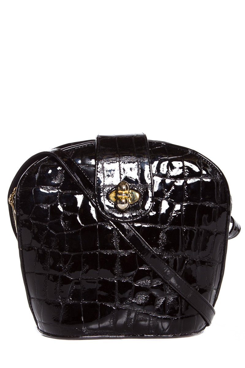 Stuart Weitzman Black Croco Embossed Patent Shoulder Bag