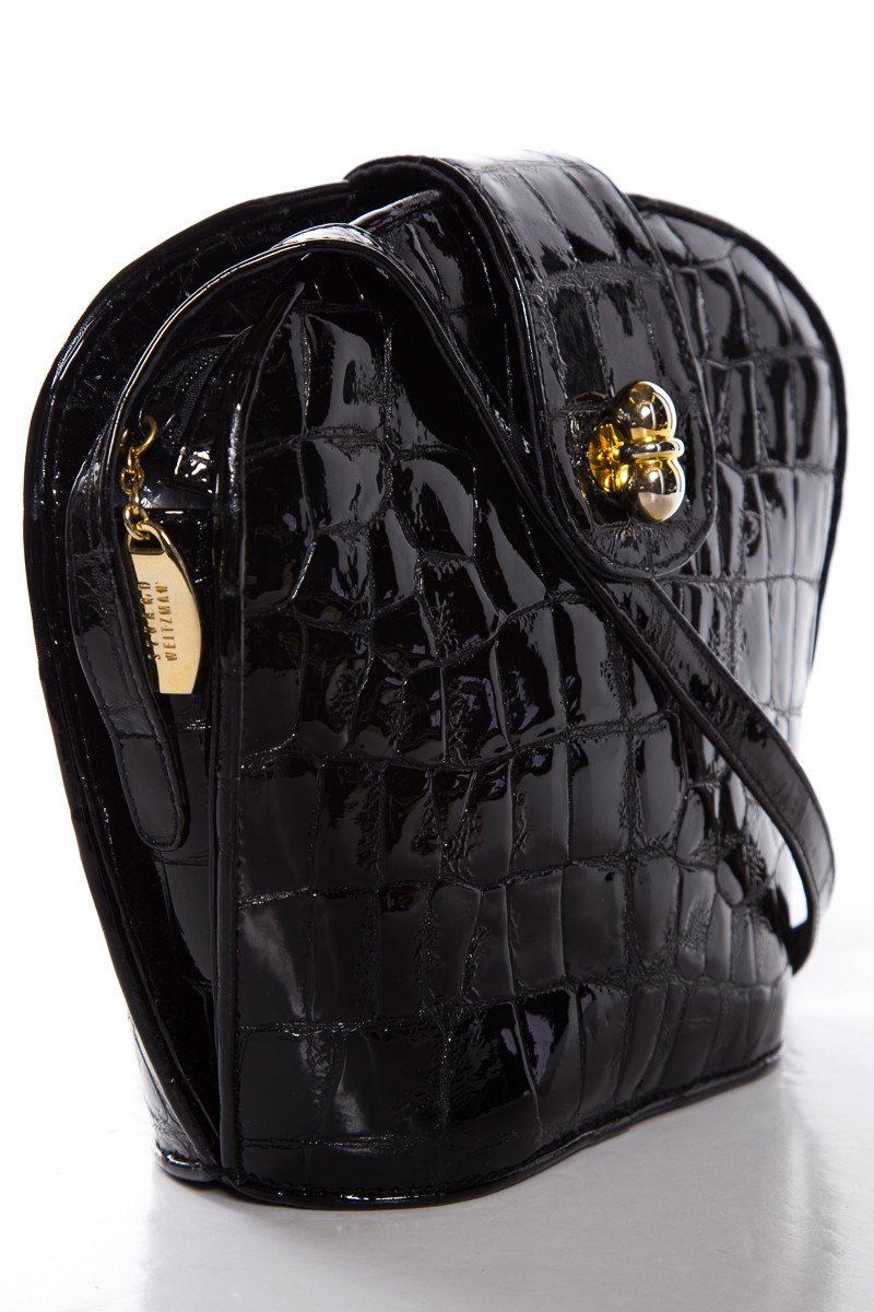 Stuart Weitzman Black Croco Embossed Patent Shoulder Bag