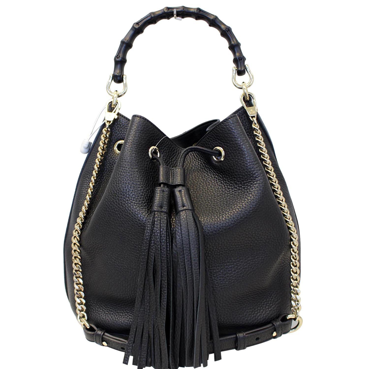 GUCCI Miss Bamboo Medium Leather Bucket Shoulder Handbag Black 387613