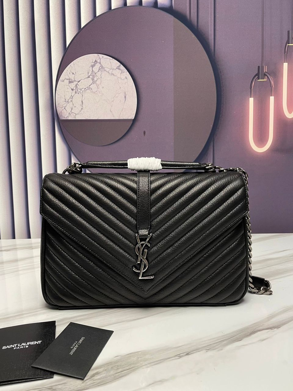 YSSL College Large Chain Bag Black With Silver Toned Hardware For Women 12in/32cm YSL 600278BRM041000