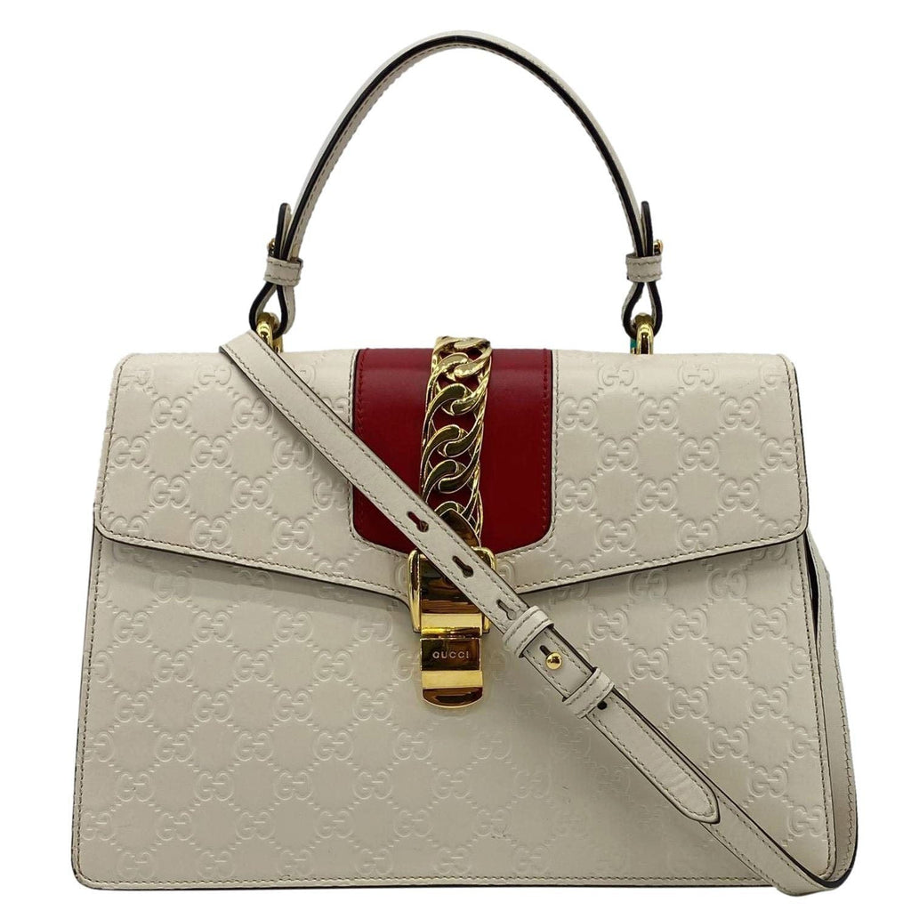 GUCCI Sylvie Medium Gucci Signature Leather Top Handle Shoulder Bag Off White 431665