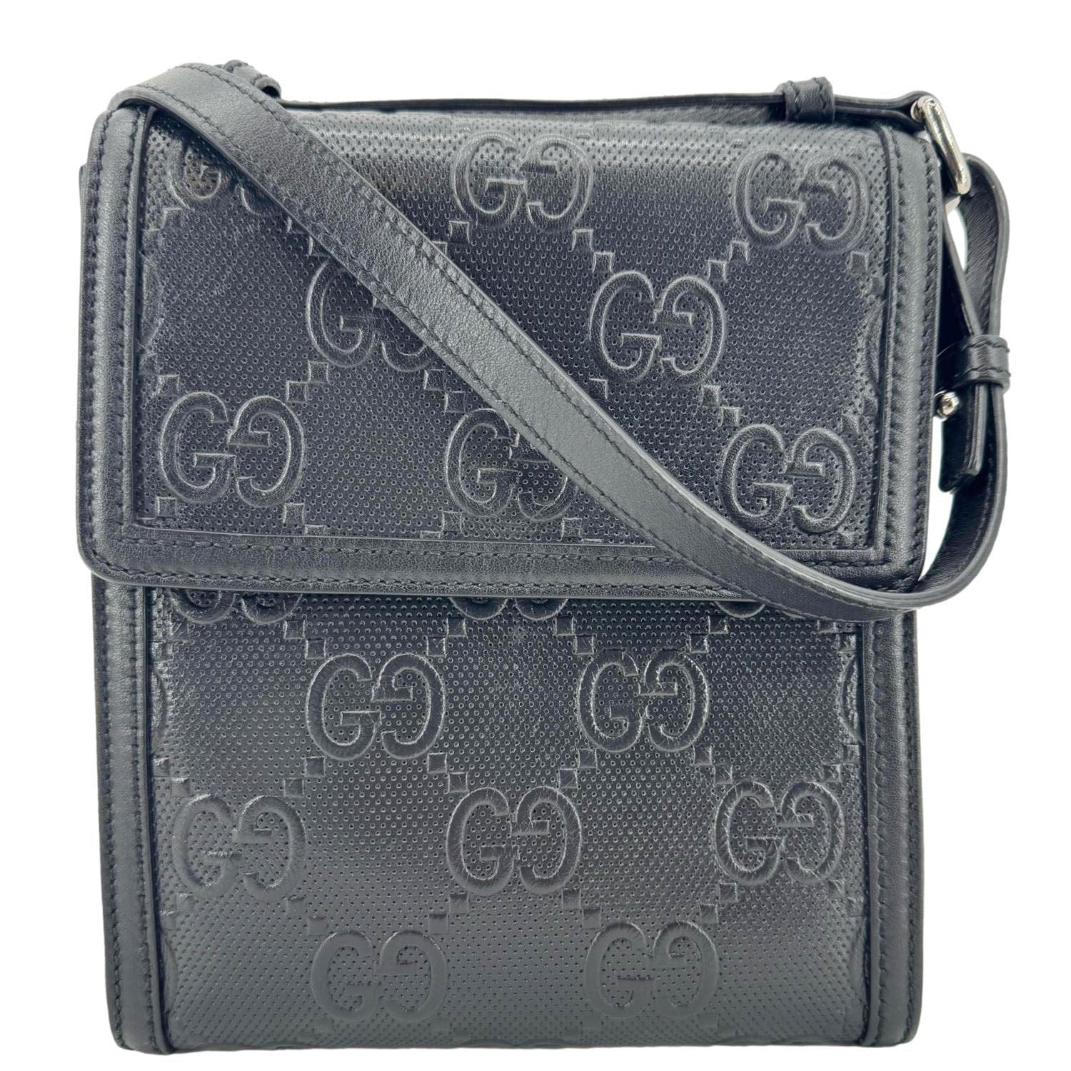 GUCCI Gucci Embossed Leather Messenger Bag Black 625782