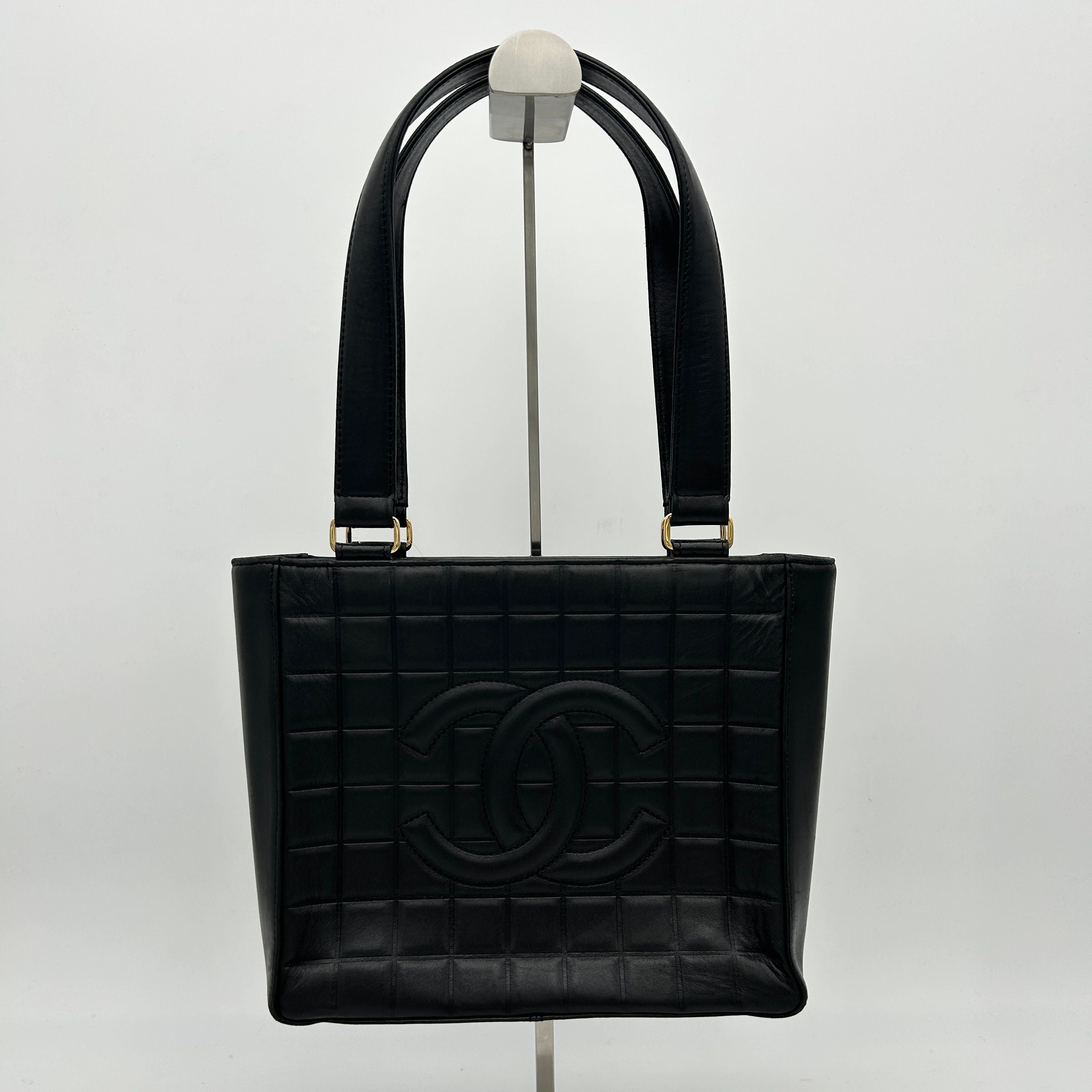 CHANEL Chocolate Bar Coco Mark Tote Bag Shoulder Leather Black WD529726