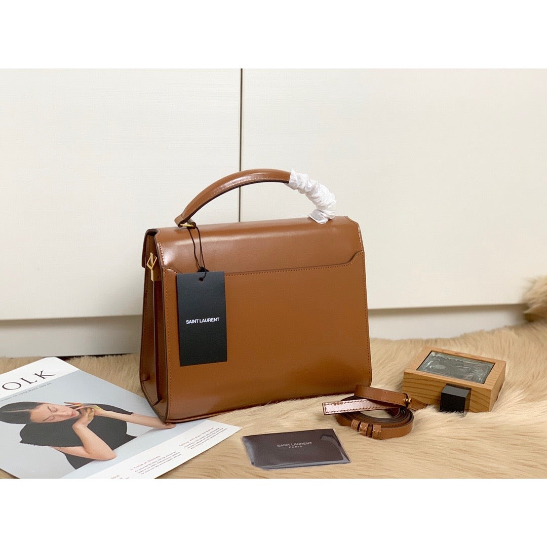 YSSL Cassandra Medium Top Handle Bag In Box And Velvet Brown For Women 9in/24.5cm YSL
