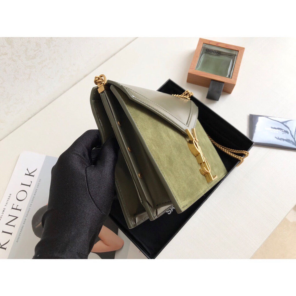 YSSL Cassandra Medium Chain Bag In Box And Velvet Green For Women 8in/22cm YSL