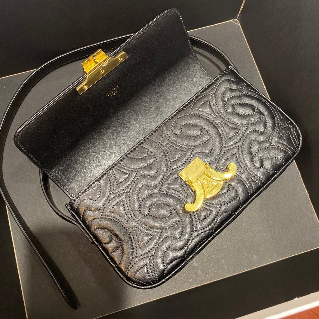 Celine Triomphe Shoulder Bag In Quilted Triomphe Lambskin Black For Women 8in/20cm 194143EF4.38NO