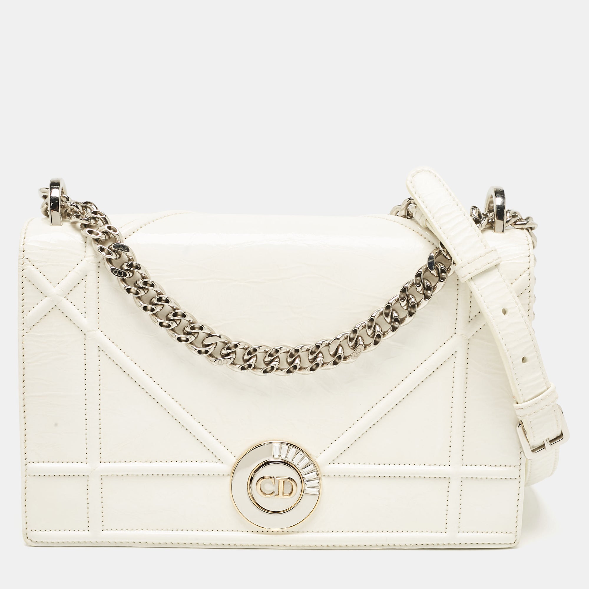 Dior White Crinkled  Leather Medium Diorama Shoulder Bag